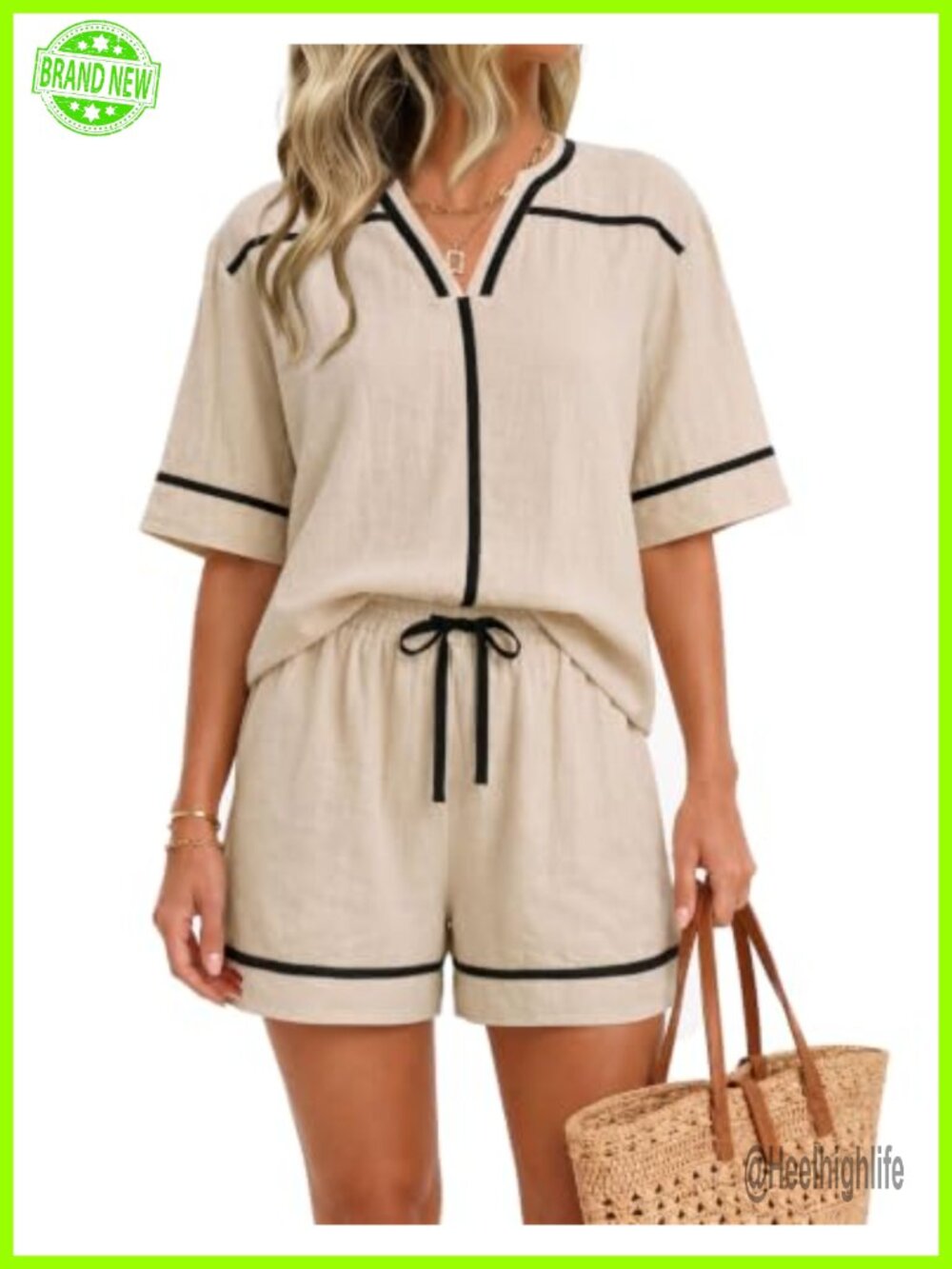 Womens Linen Blend Shorts Set Casual V-Neck Lounge Two Piece